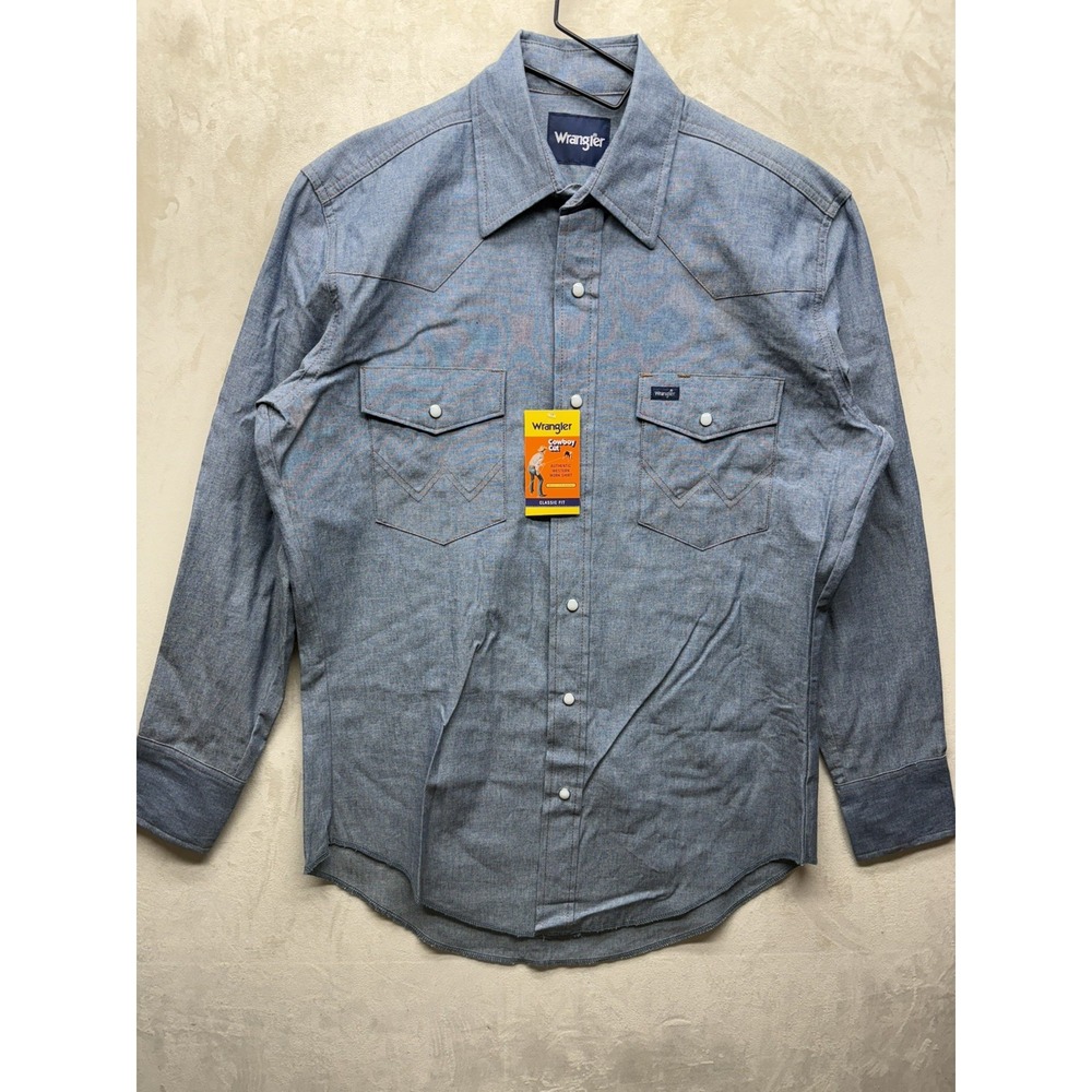 Wrangler Western Pearl Snap Shirt Men Large Blue Chambray Long Sleeve Cowboy Cut
